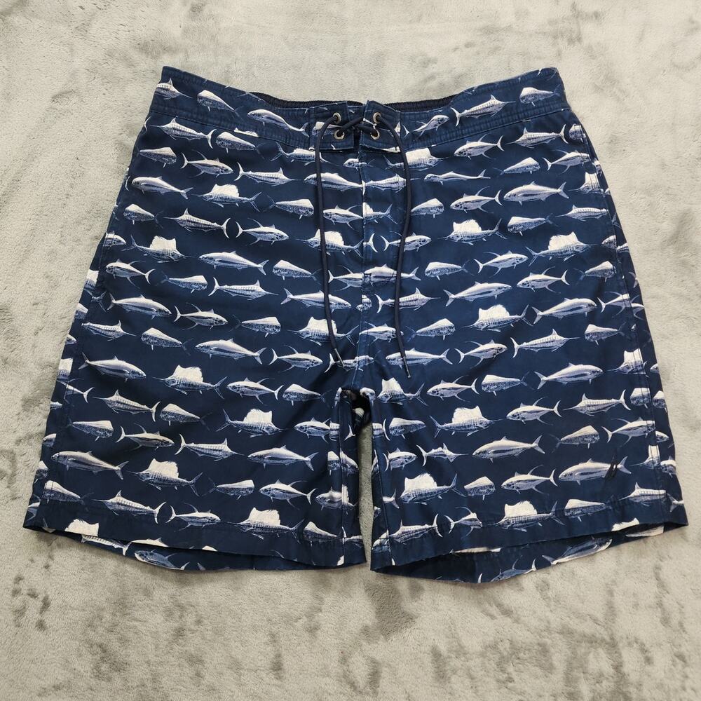 NAUTICA Board Shorts Mens L Blue Deepwater Fish Print Tie Front Swim Trunks